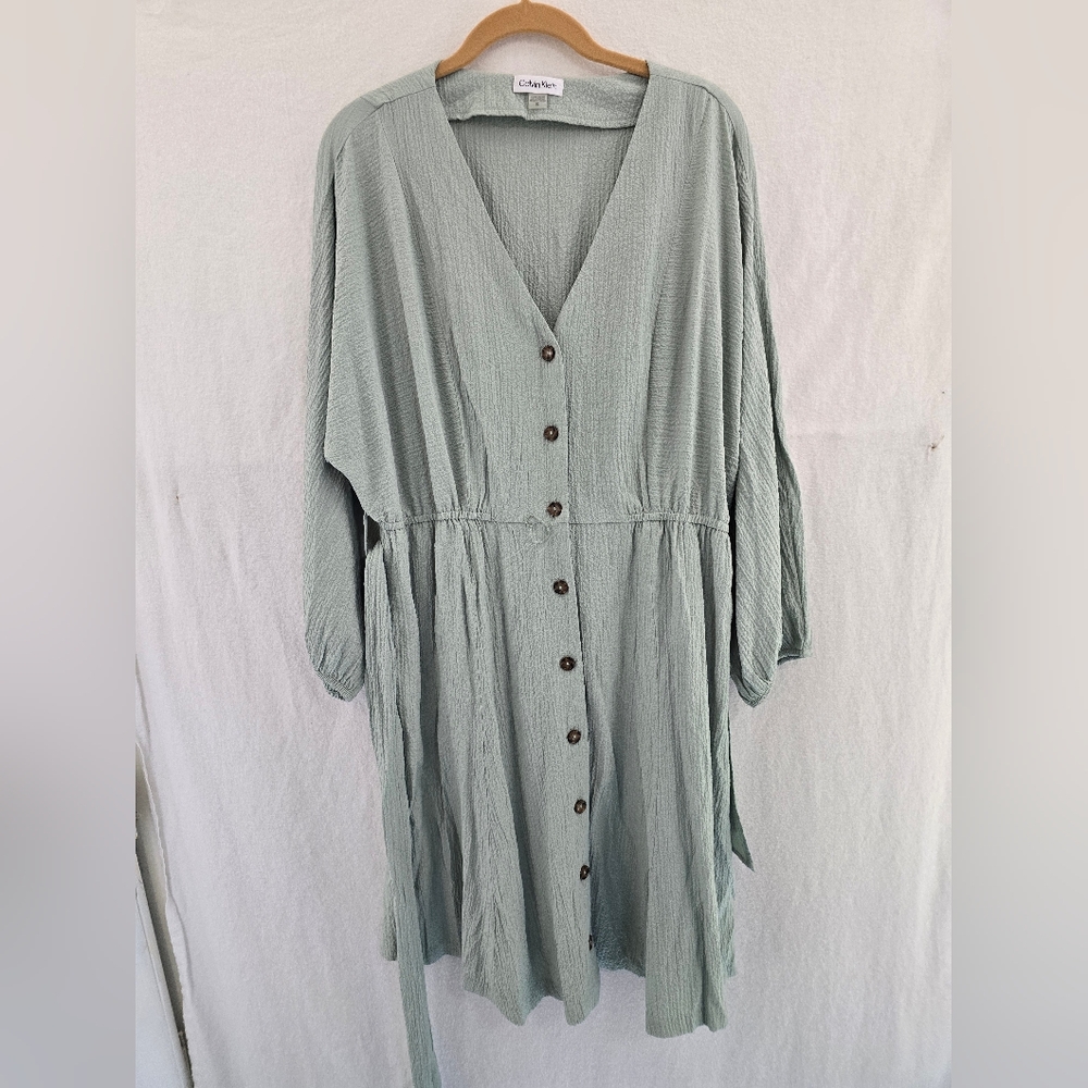 Calvin KLEIN sage Green Gauzy Full Button L Sleeve Belted Pockets Dress Ladies 6 - Picture 9 of 10
